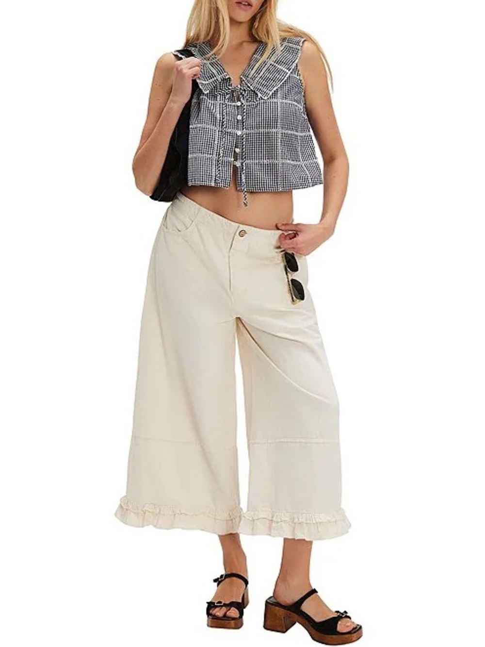 Free People Navy & White Gingham Tie-Front Cropped Tank - Picture 3 of 7